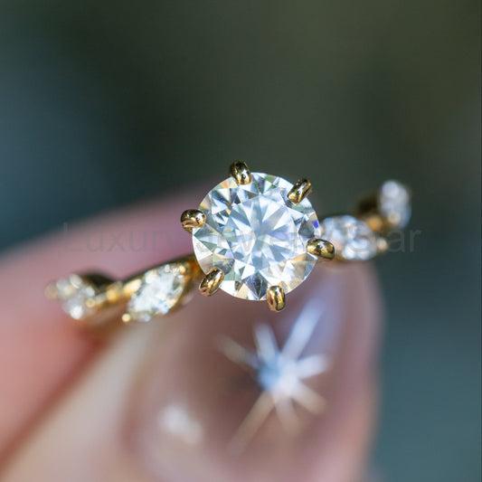 "Flora" - Round Cut Moissanite Engagement Ring With Marquise Cut Diamond Accents - 14K Yellow Gold