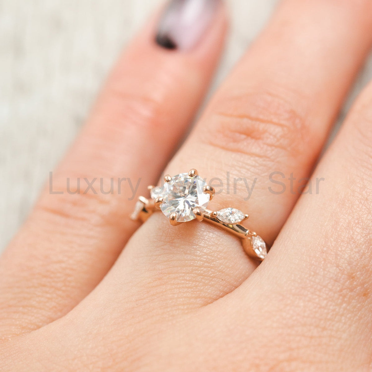 "Flora" - Round Cut Moissanite Engagement Ring With Marquise Cut Diamond Accents - 14K - image 2