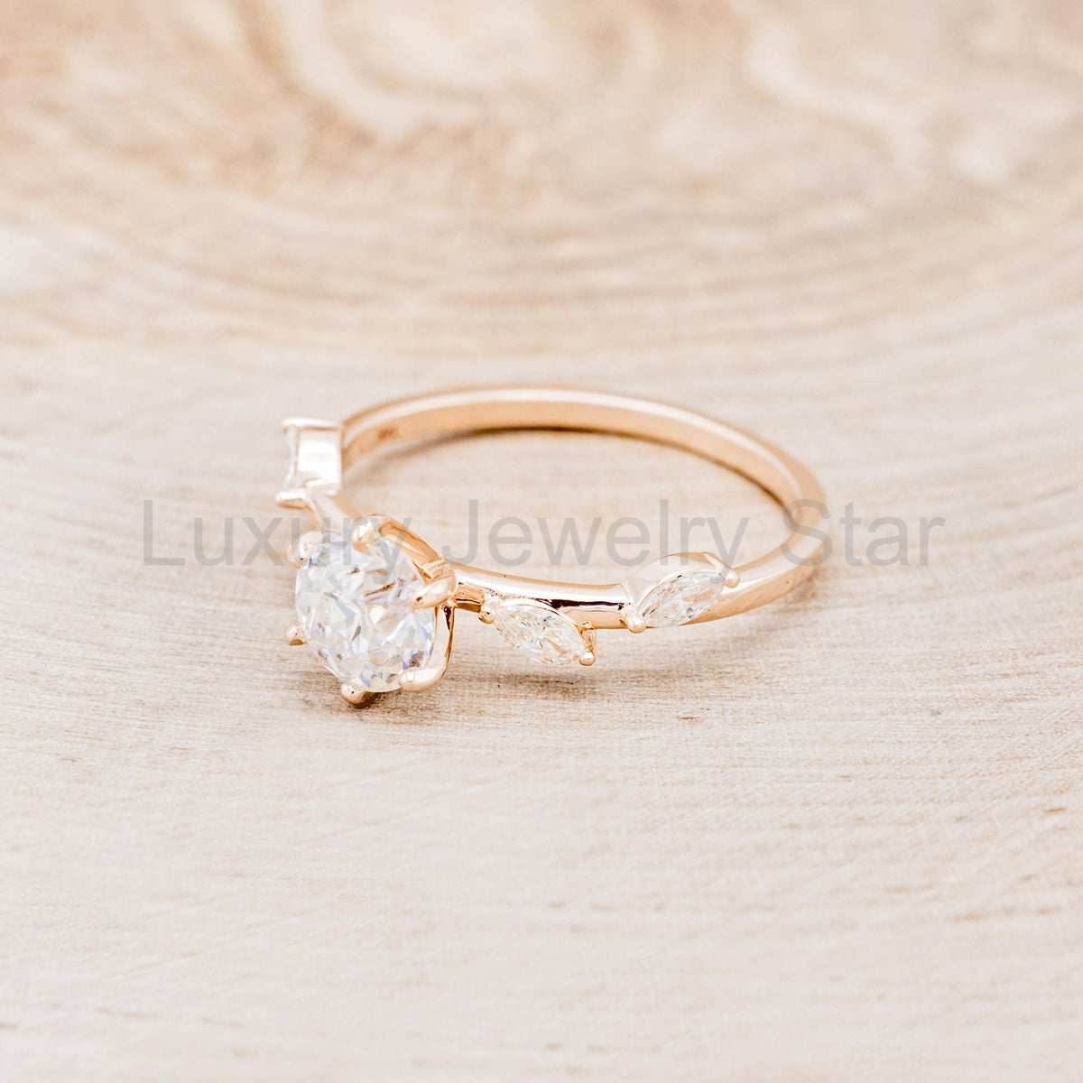 "Flora" - Round Cut Moissanite Engagement Ring With Marquise Cut Diamond Accents - 14K - image 5