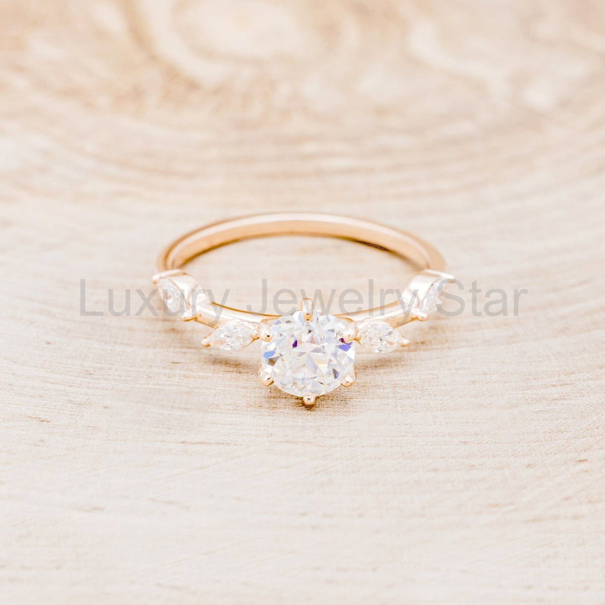 "Flora" - Round Cut Moissanite Engagement Ring With Marquise Cut Diamond Accents - 14K - image 6