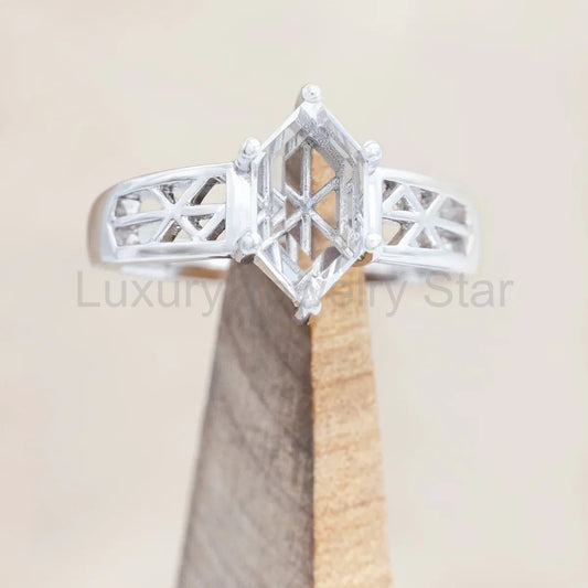"Freya" - Love Bind Rune Engagement Ring With Elongated Hexagon Portrait Cut White Quartz - 14K