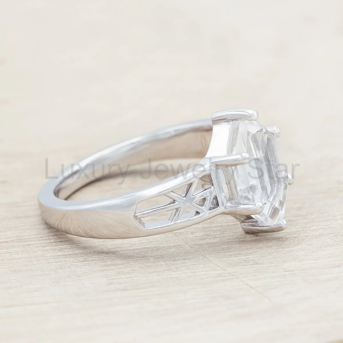 "Freya" - Love Bind Rune Engagement Ring With Elongated Hexagon Portrait Cut White Quartz - image 3