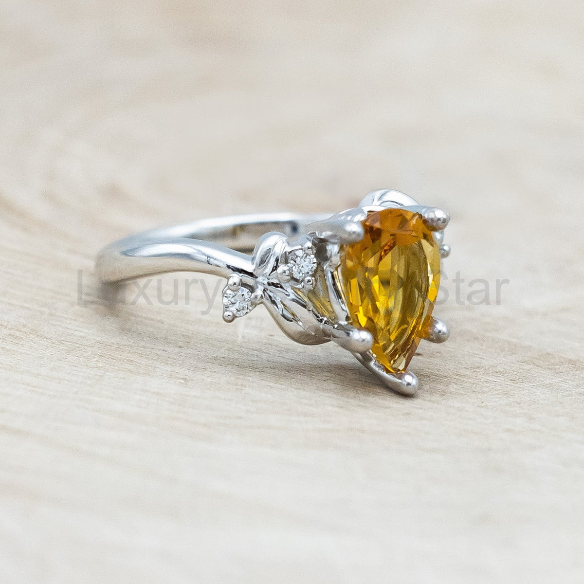 "Gladys" - Pear Cut Citrine Engagement Ring With Diamond Accents On A Floral-Style Band - image 5