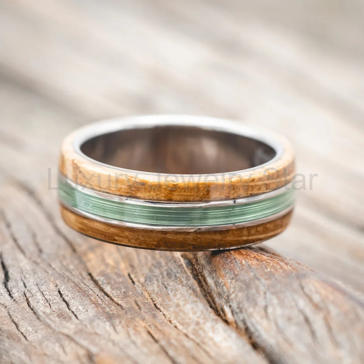 "Glen" - Whiskey Barrel Oak & Fishing Line Wedding Ring - Titanium (8mm) - Size 11 - image 3