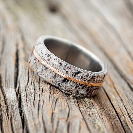 "Golden" - Elk Antler & 14K Rose Gold Inlay Wedding Band - Titanium (8mm) - Size 8 1/2 - image 2