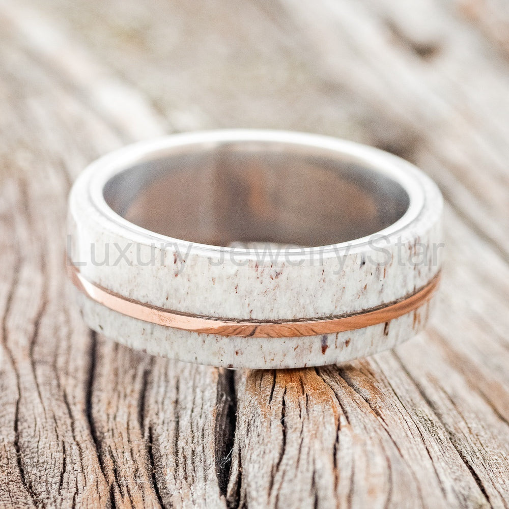 "Golden" - Elk Antler & 14K Rose Gold Inlay Wedding Band - Titanium (8mm) - Size 8 1/2 - image 6
