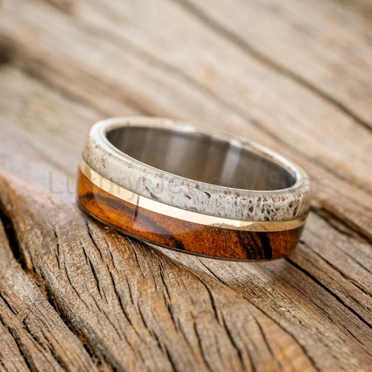 "Golden" - Ironwood, Antler & 14K Gold Inlay Wedding Band - Titanium (8mm) - Size 12 - image 2