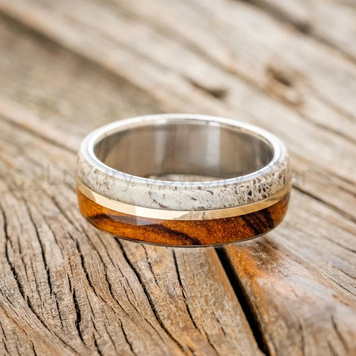 "Golden" - Ironwood, Antler & 14K Gold Inlay Wedding Band - Titanium (8mm) - Size 12 - image 3