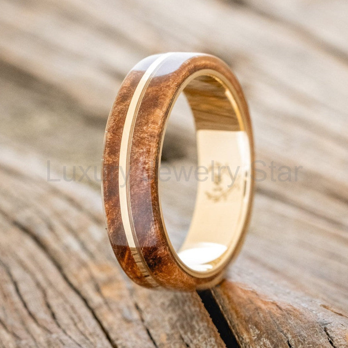"Golden" - Redwood & 14K Gold Inlay Wedding Band - image 19