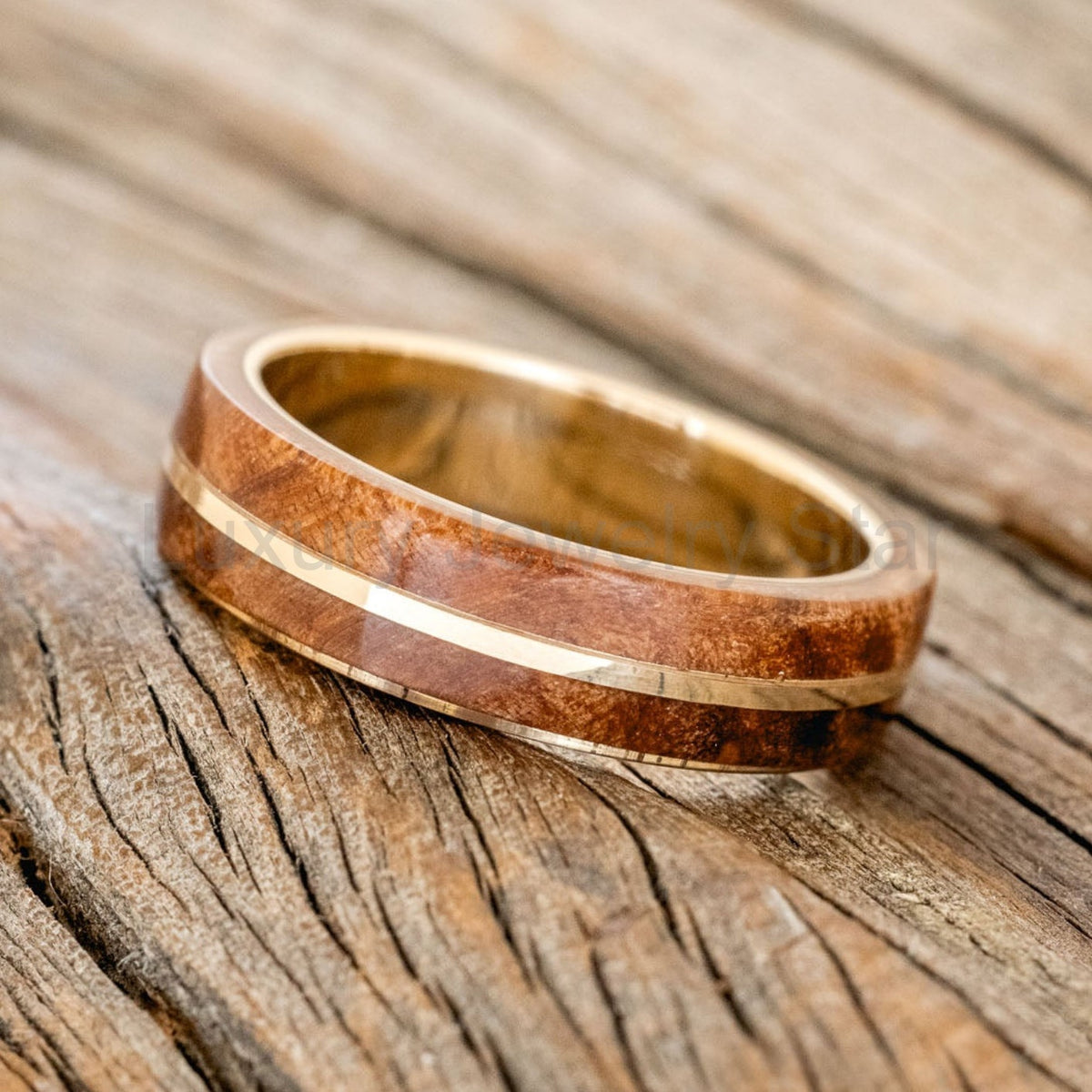 "Golden" - Redwood & 14K Gold Inlay Wedding Band - image 21