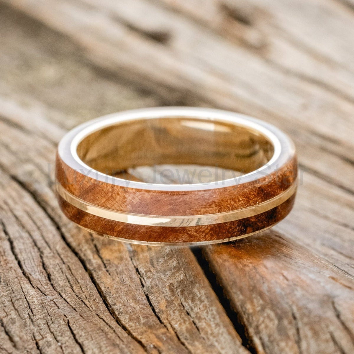 "Golden" - Redwood & 14K Gold Inlay Wedding Band - image 23