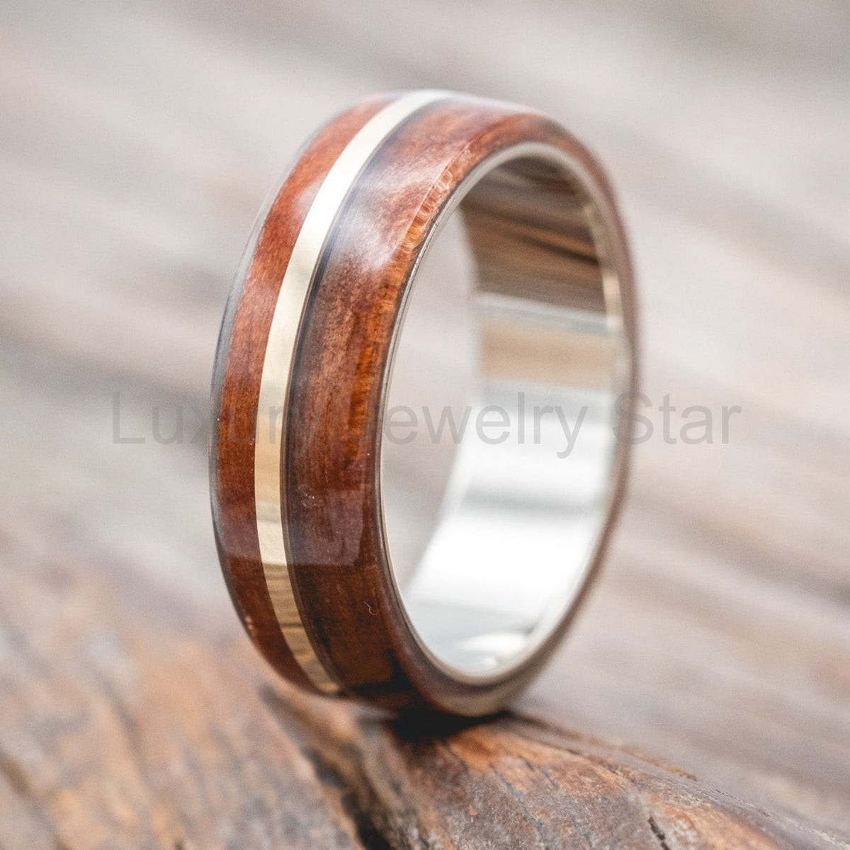 "Golden" - Redwood & 14K Gold Inlay Wedding Band - image 25