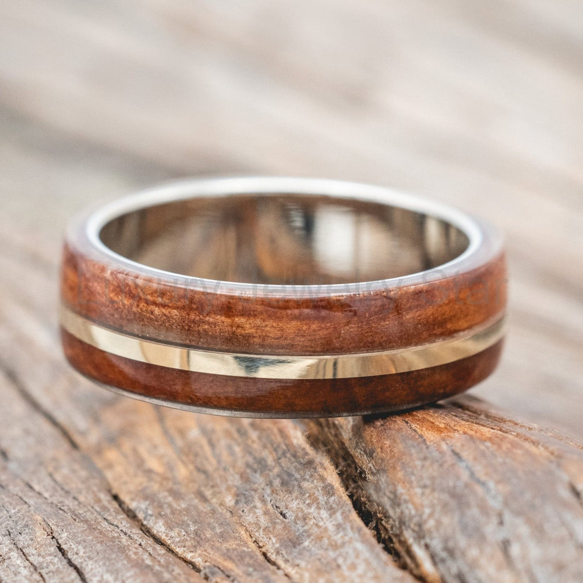 "Golden" - Redwood & 14K Gold Inlay Wedding Band - image 27