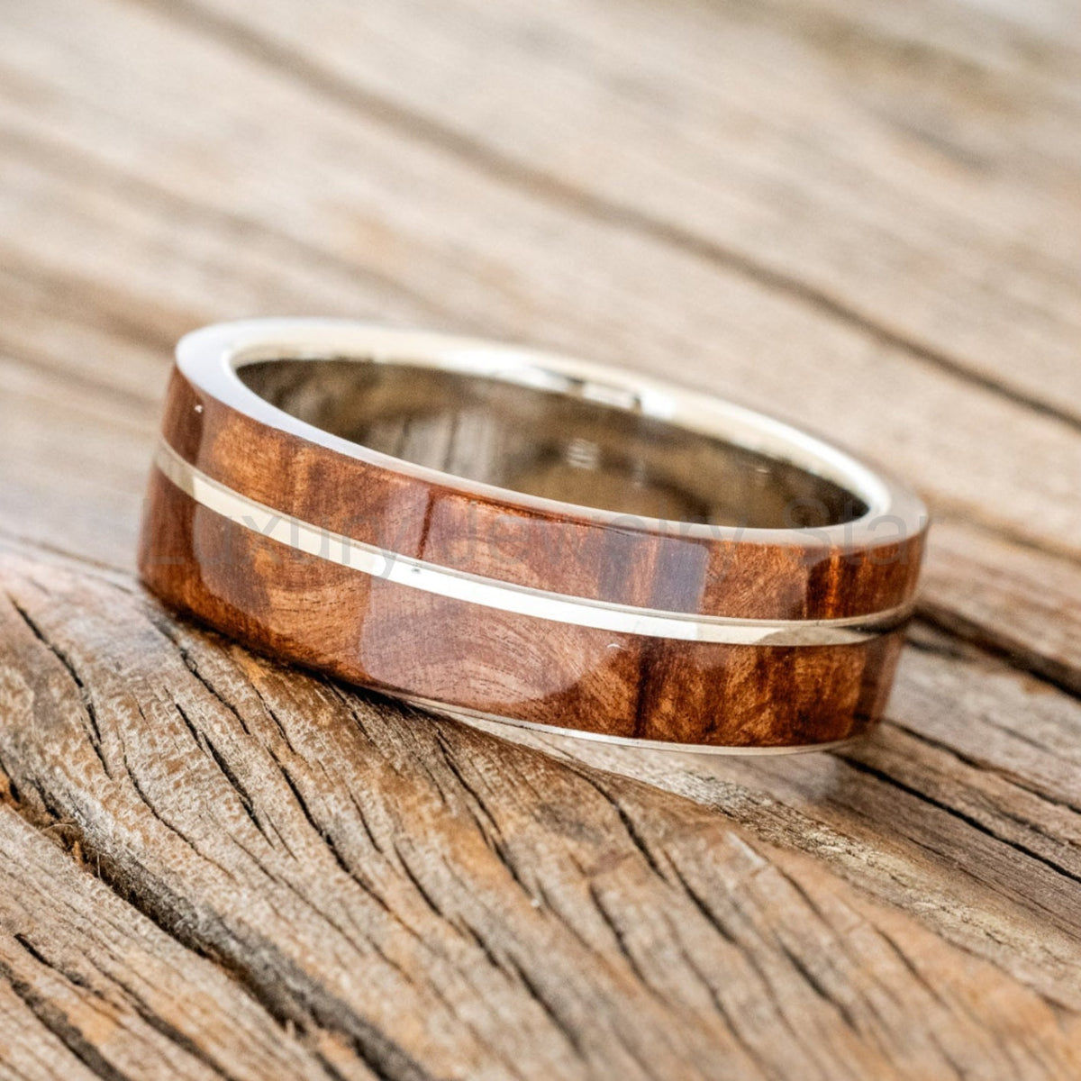 "Golden" - Redwood & 14K Gold Inlay Wedding Band - image 29