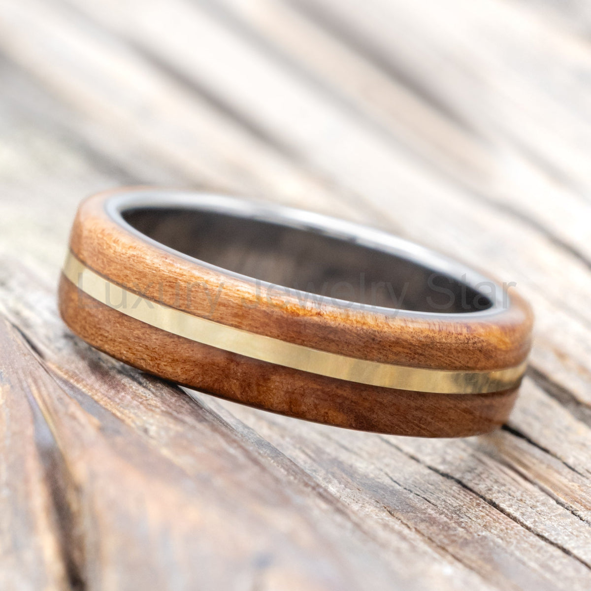 "Golden" - Redwood & 14K Gold Inlay Wedding Band - image 3