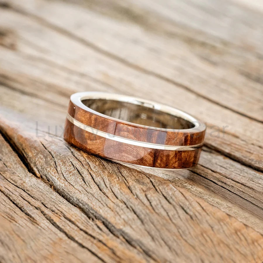 "Golden" - Redwood & 14K White Gold Inlay Wedding Band - 14K White Gold (8mm) - Size 9 - image 3