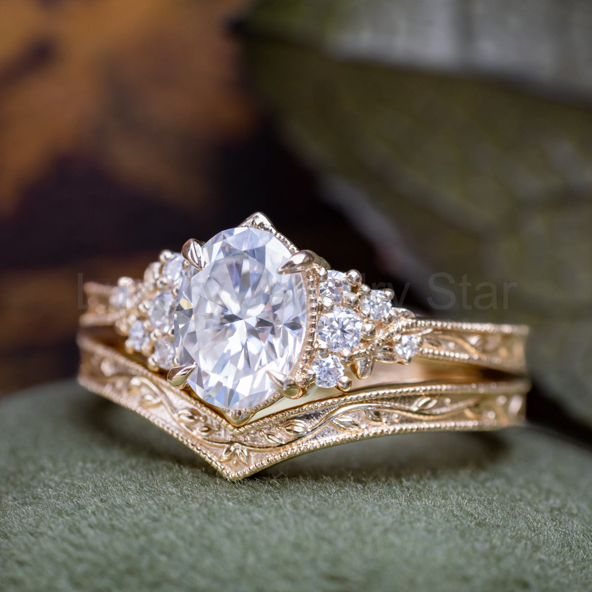 "Guinevere" - Moissanite Engagement Ring Featuring Diamond Accents and Vine Filigree with Milgrain