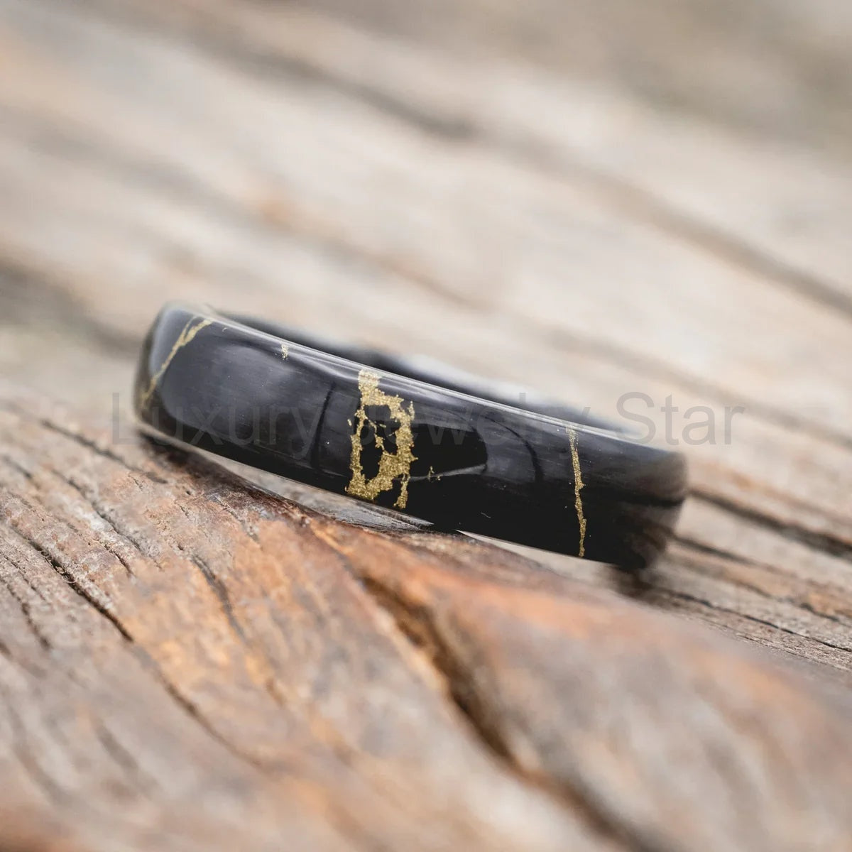 "Haven" - Black & Gold Matrix Trustone Wedding Band - Black Zirconium (6mm) - Size 8 1/2 - image 2