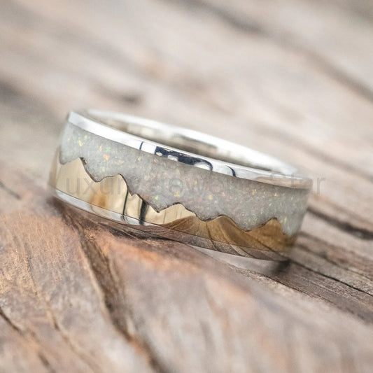"Helios" - 14K Gold Andes Mountain Range With Fire And Ice Opal Inlay Wedding Band - Titanium (8mm)