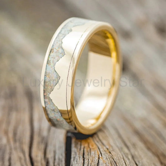 "Helios" - Crushed Fire & Ice Opal Wedding Band - 14K Yellow Gold (8mm) - Size 7 3/4 - image 2