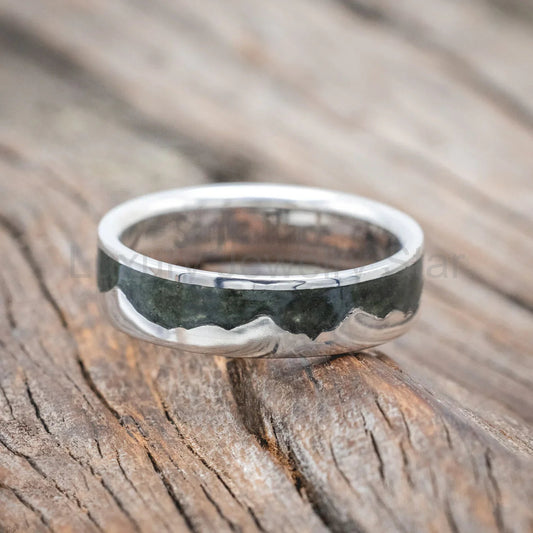 "Helios" - Crushed Moss Agate Mountain Range Wedding Band - Silver (6mm) - Size 9 1/4