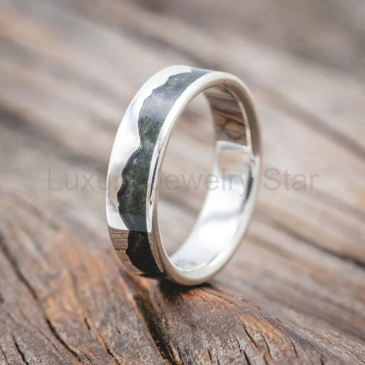 "Helios" - Crushed Moss Agate Mountain Range Wedding Band - Silver (6mm) - Size 9 1/4 - image 2