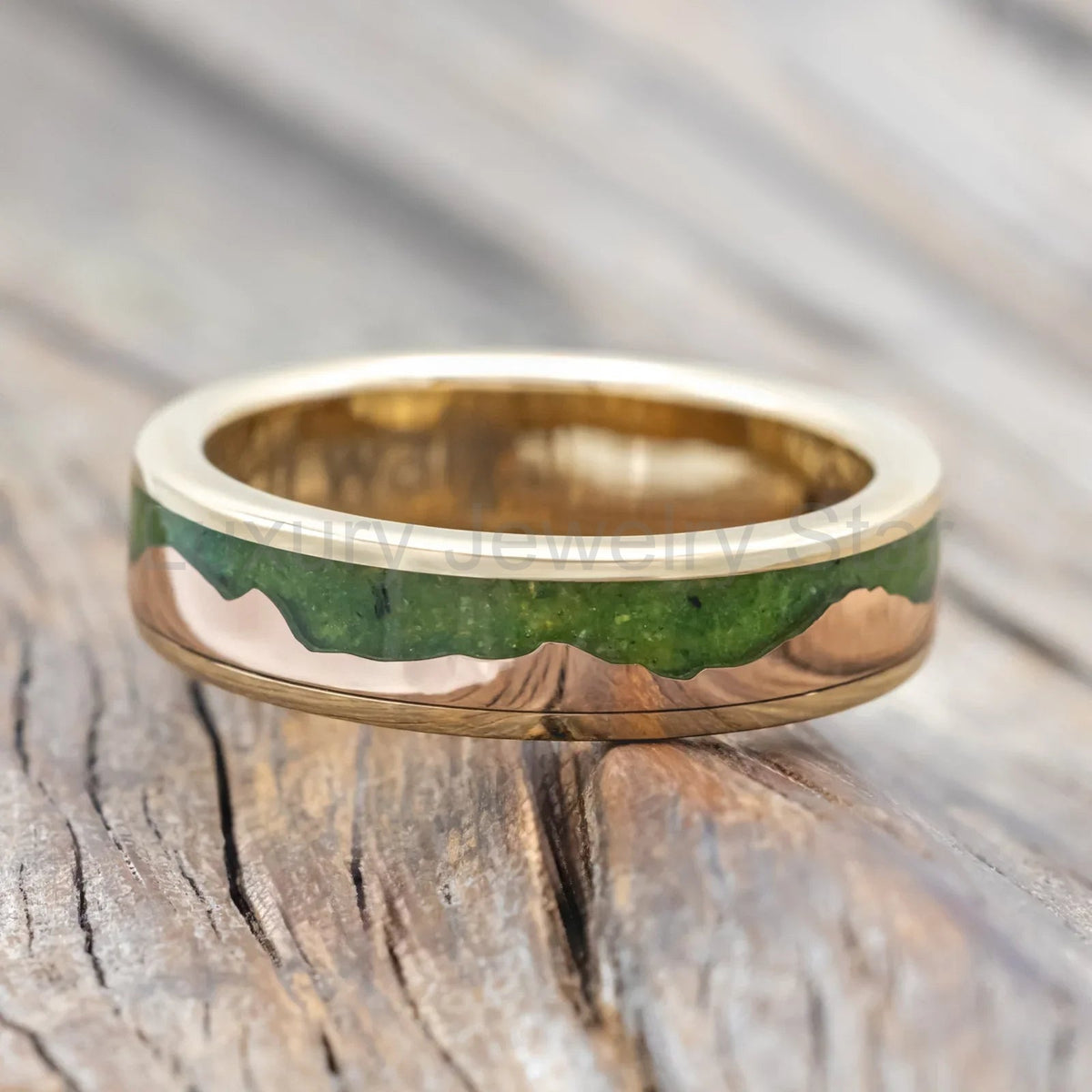 "Helios" - Moss & 14K Rose Gold Mountain Range Wedding Band - 14K Yellow Gold (6mm) - Size - image 3
