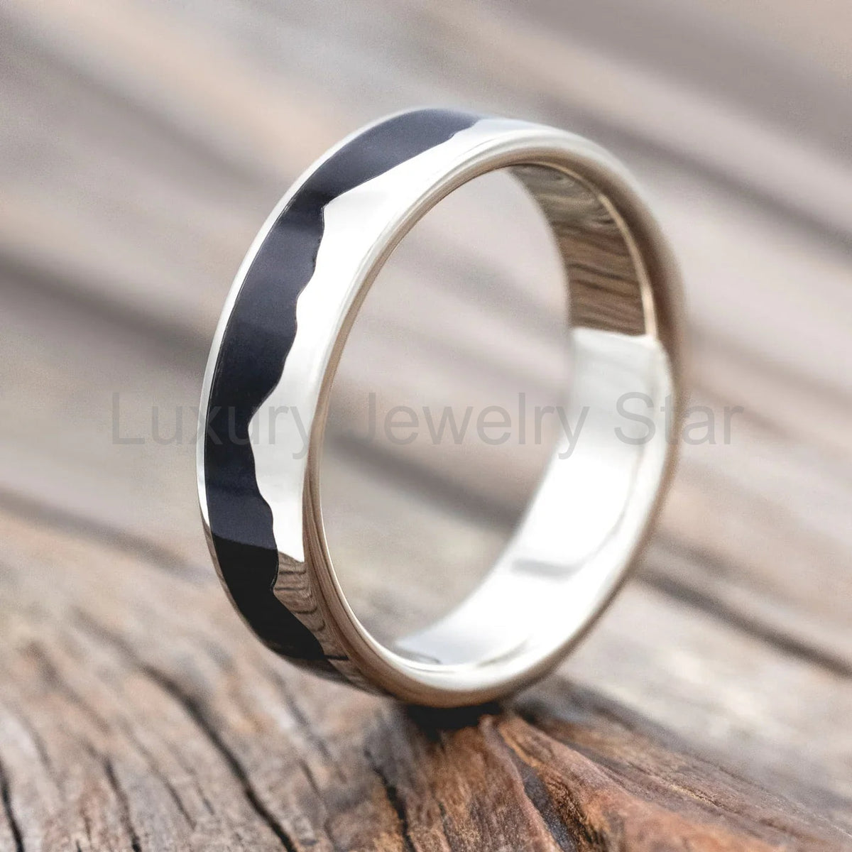 "Helios" - Mountain Range Wedding Band With Jet Stone Inlay - 14K White Gold (6mm) - Size - image 3