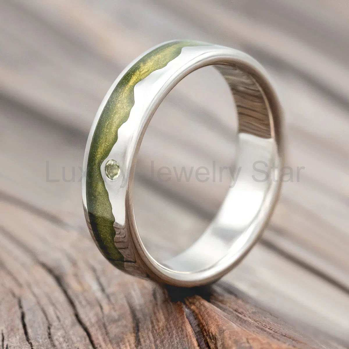 "Helios" - Mystic Moss Inlaid Wedding Ring With A Mountain Range And Peridot Accent - 14K White Gold