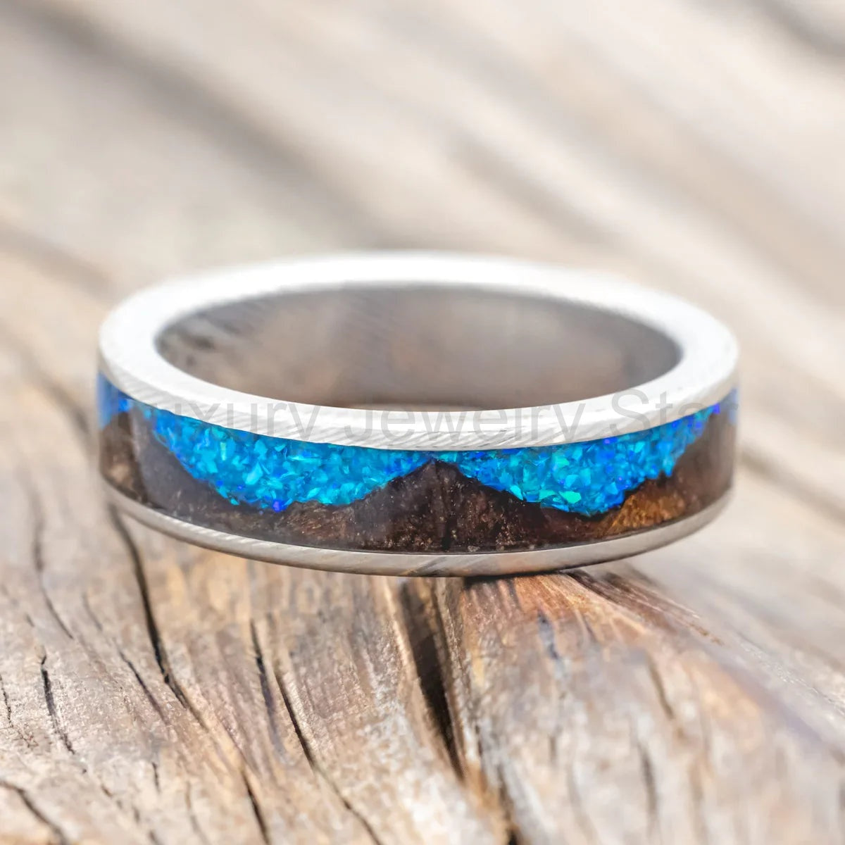 "Helios" - Redwood & Blue Opal Wedding Band - Damascus Steel (6mm) - Size 10 - image 3