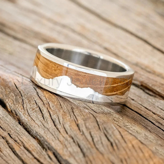 "Helios" - Whiskey Barrel Oak & Silver Teton Mountain Range Wedding Band - Titanium - Size 8 1/2