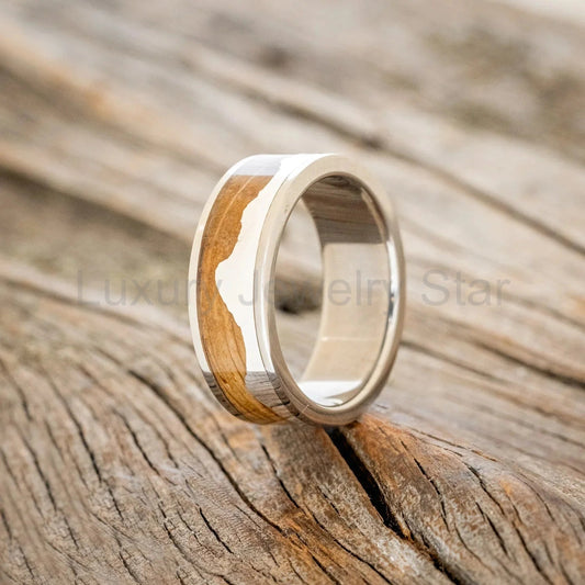 "Helios" - Whiskey Barrel Oak & Silver Teton Mountain Range Wedding Band - Titanium - Size - image 2