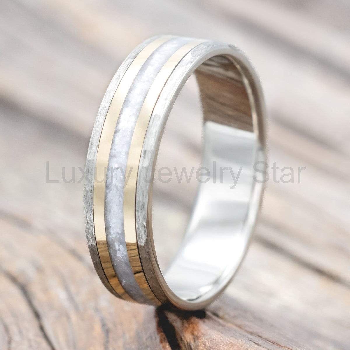 "Hollis" - Diamond Dust & 14K Yellow Gold Inlays Wedding Ring With Hammered Band - Titanium (8mm)