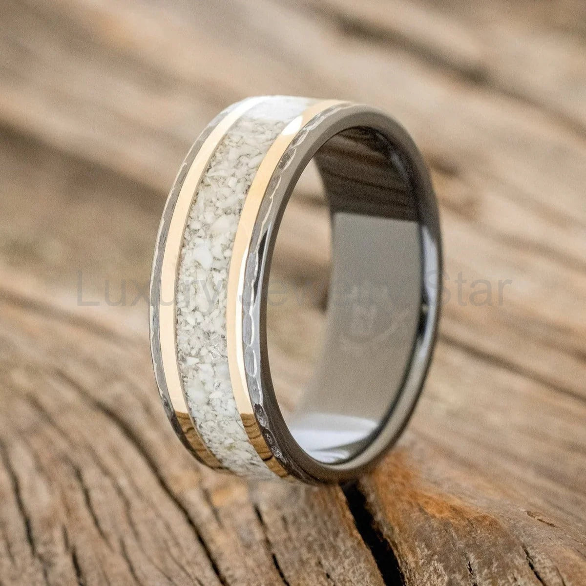 "Hollis" - Elk Tooth Ivory & 14K Yellow Gold Wedding Ring Featuring A Hammered Band - Black