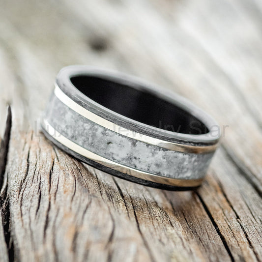 "Hollis" - Moonstone & 14K White Gold Inlay Wedding Ring With Hammered Finish - Black - image 2
