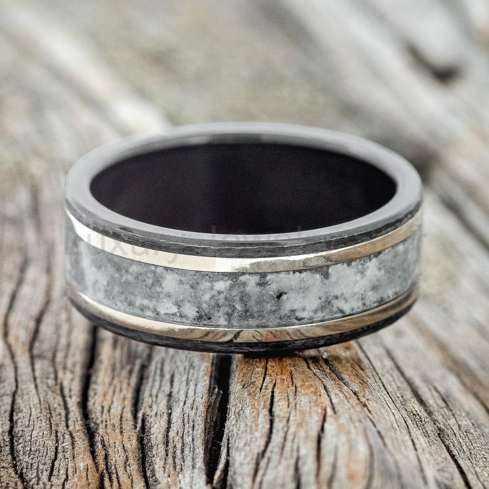 "Hollis" - Moonstone & 14K White Gold Inlay Wedding Ring With Hammered Finish - Black - image 3