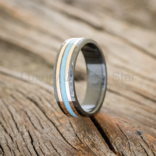"Hollis" - Turquoise & 14K Yellow Gold Inlay Wedding Ring With Hammered Finish - Black Zirconium