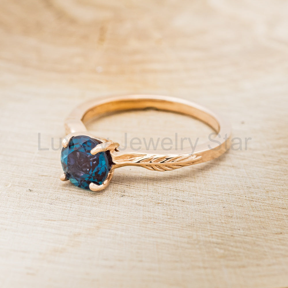 "Hope" - Lab-Grown Alexandrite Solitaire Engagement Ring With Feather Accents - image 5