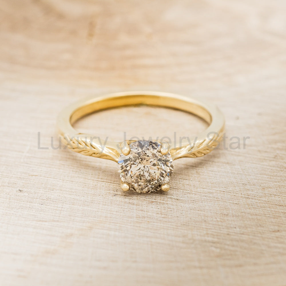"Hope" - Round Cut Salt & Pepper Diamond Solitaire Engagement Ring With Feather Accents - image 17