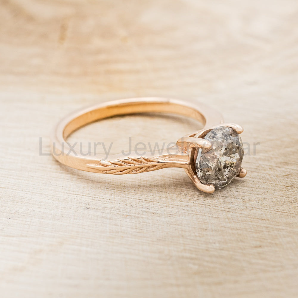 "Hope" - Round Cut Salt & Pepper Diamond Solitaire Engagement Ring With Feather Accents - image 9