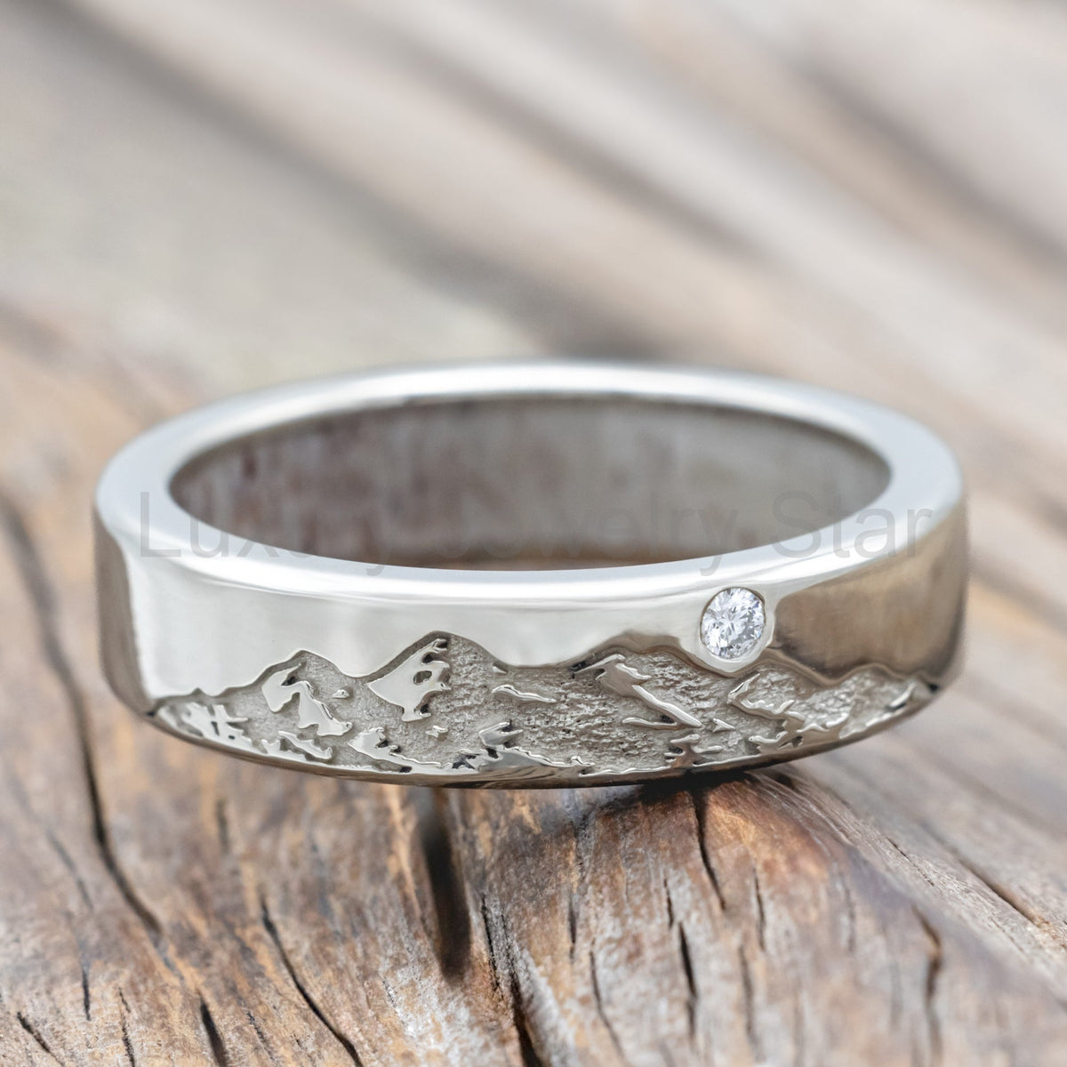 "Horizon" - Mountain Engraved Wedding Band with Antler Lining & Diamond Accent - 14K White Gold