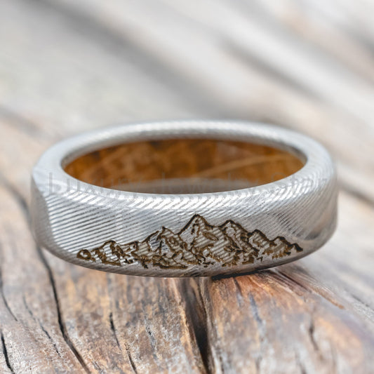 "Horizon" - Mountain Engraved Wedding Band with Whiskey Barrel Oak Lining - Damascus Steel (6mm)