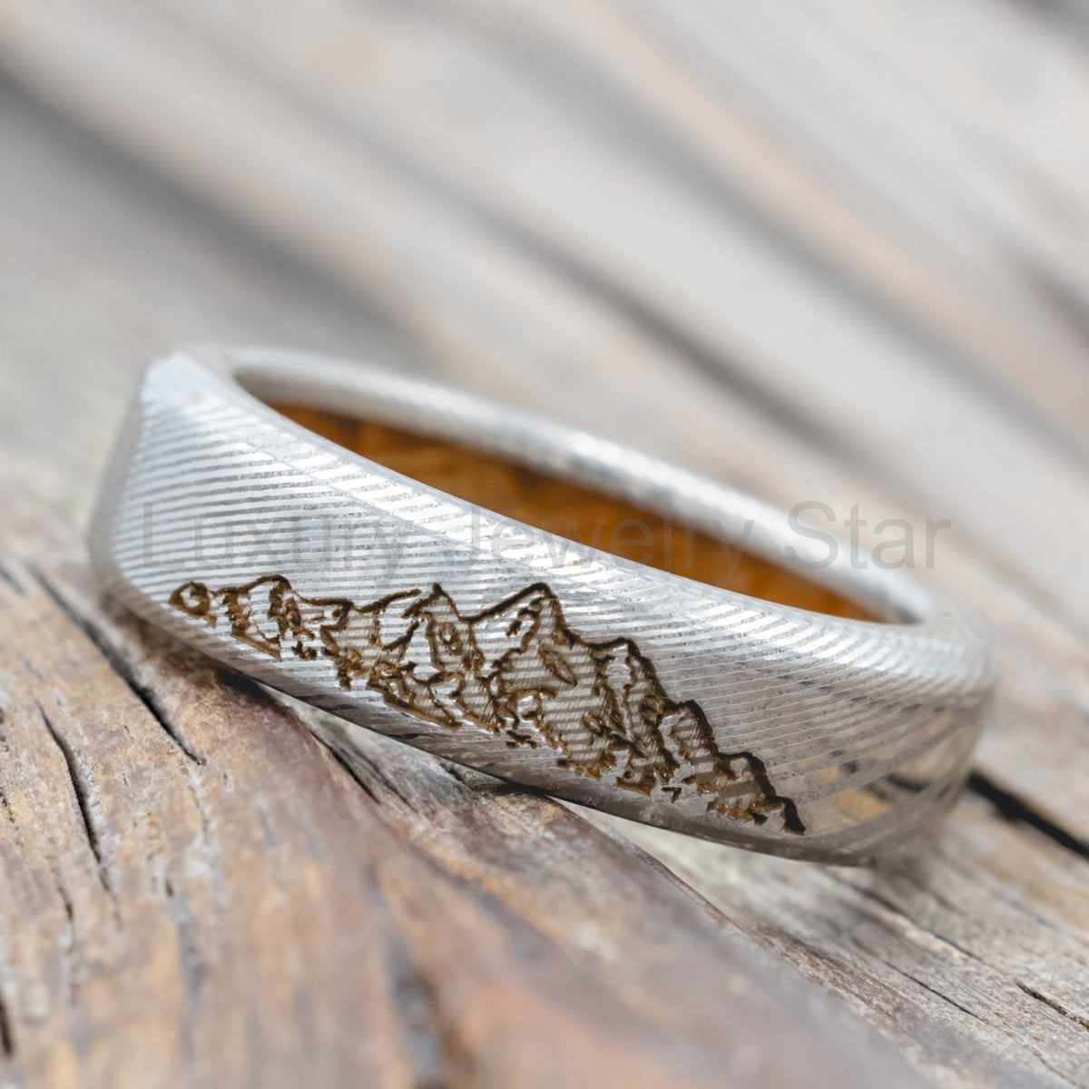 "Horizon" - Mountain Engraved Wedding Band with Whiskey Barrel Oak Lining - Damascus Steel - image 2
