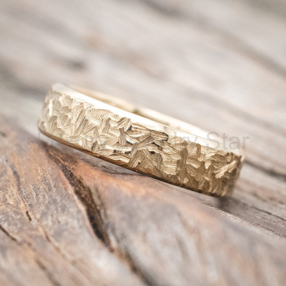 "Hyperion" - Antler Lined Wedding Band With Crosshatched Finish - 14K Yellow Gold (6mm) - image 3