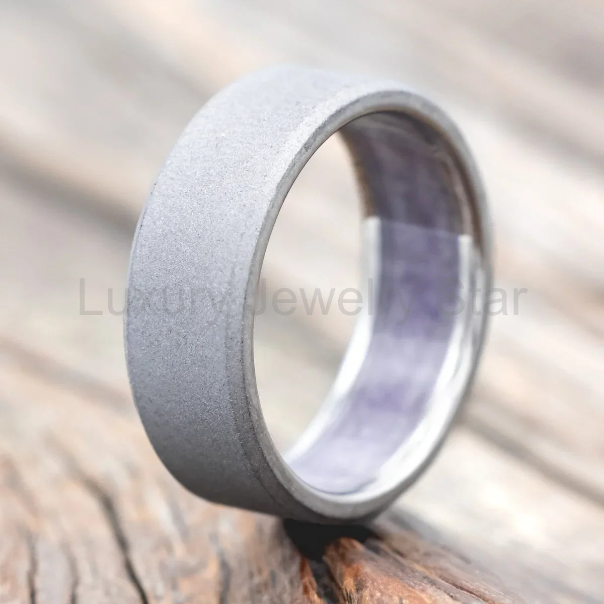 "Hyperion" - Crushed Amethyst Lined Wedding Band With A Sandblasted Finish - Titanium (8mm) - Size 7