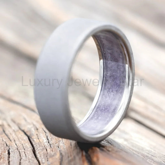 "Hyperion" - Crushed Amethyst Lined Wedding Band With A Sandblasted Finish - Titanium - image 2
