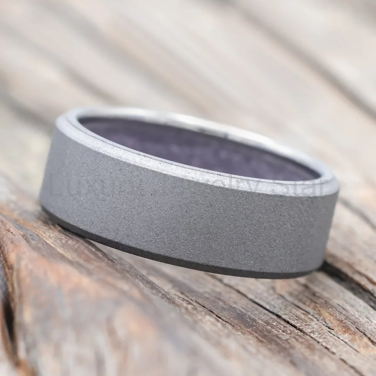"Hyperion" - Crushed Amethyst Lined Wedding Band With A Sandblasted Finish - Titanium - image 3