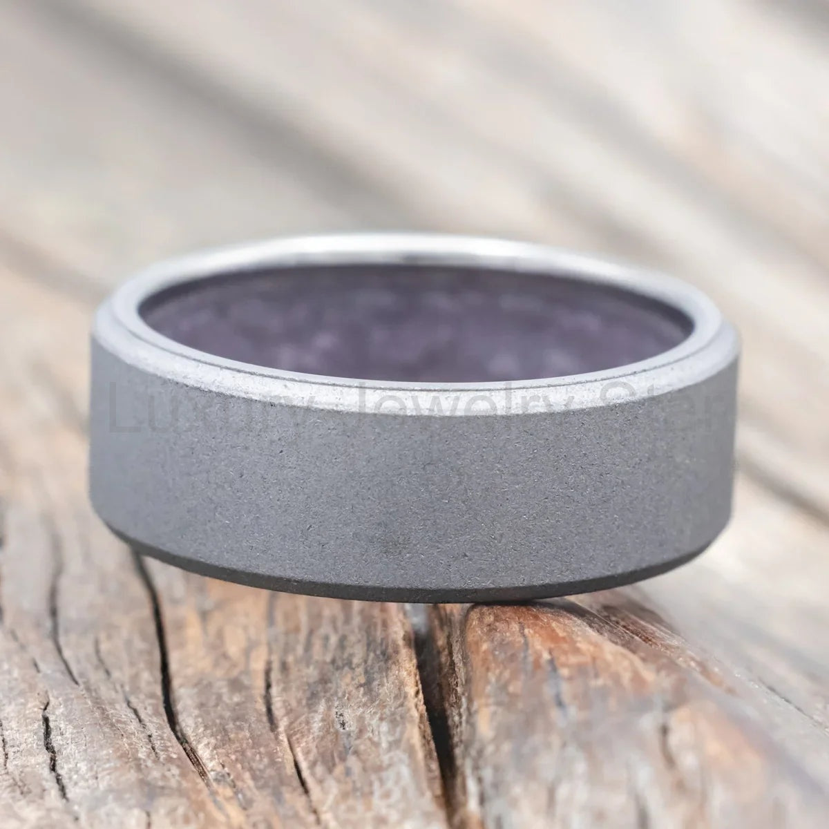 "Hyperion" - Crushed Amethyst Lined Wedding Band With A Sandblasted Finish - Titanium - image 4