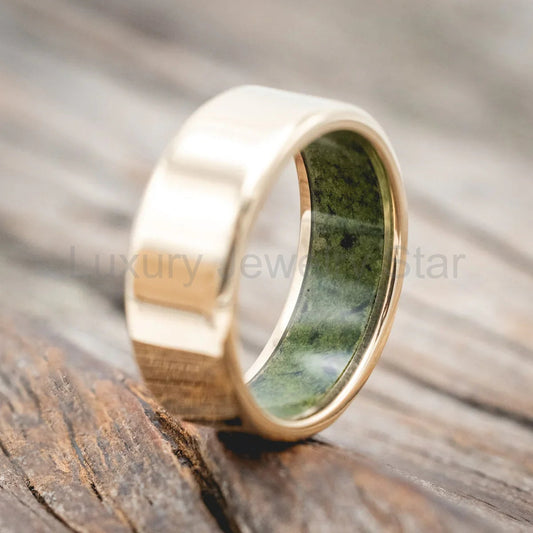 "Hyperion" - Crushed Moss Agate Lined Wedding Band - 14K Yellow Gold (8mm) - Size 11 - image 2