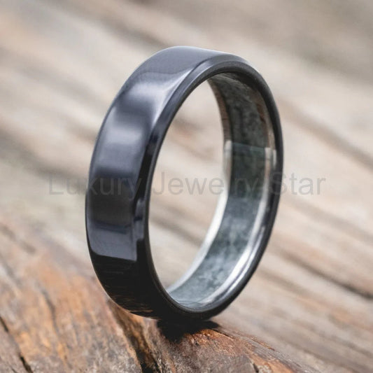"Hyperion" - Crushed Moss Agate Lined Wedding Band - Black Zirconium (6mm) - Size 8 1/4